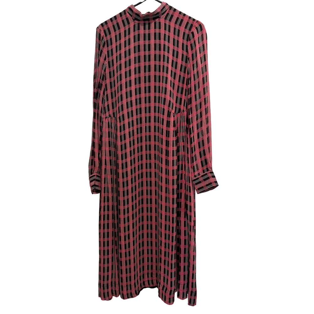 GANNI Pink Black Plaid Mock Neck Long Sleeve Midi Mod Dress Size M‎